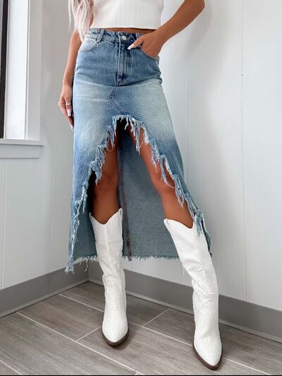 High-Waist Raw Hem Asymmetry Denim Skirt - Munsieur