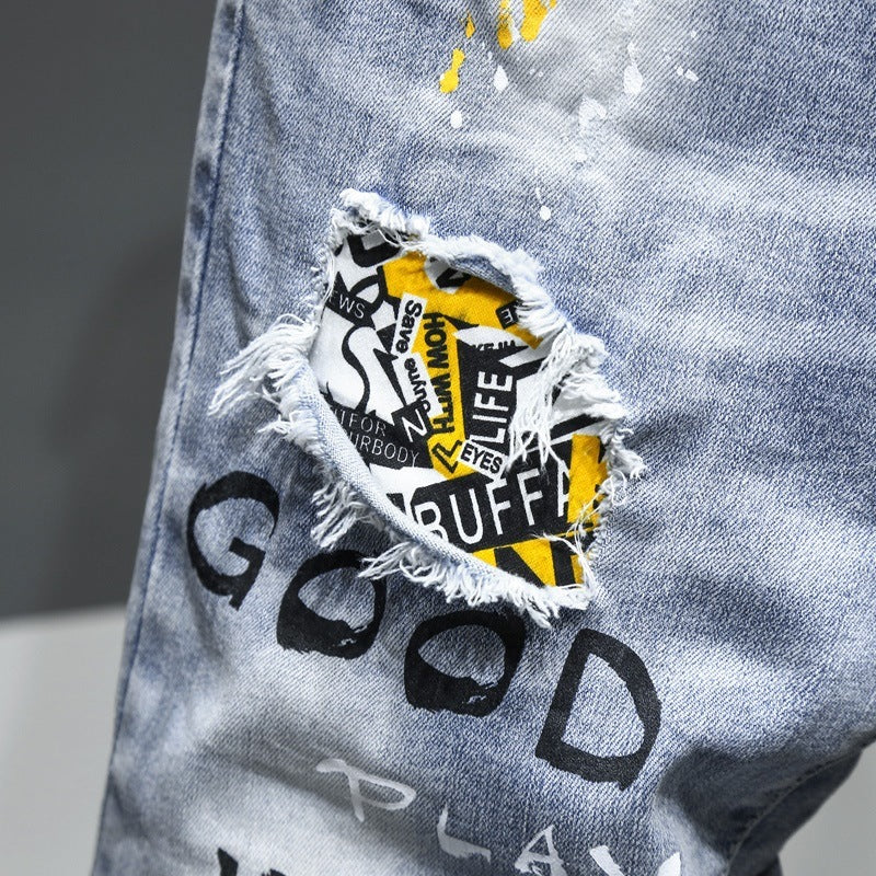 Men's Fashion Stretch Spray Paint Ripped