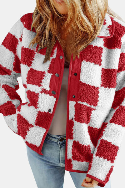 Checkered Snap Down Long Sleeve Teddy Jacket - Munsieur
