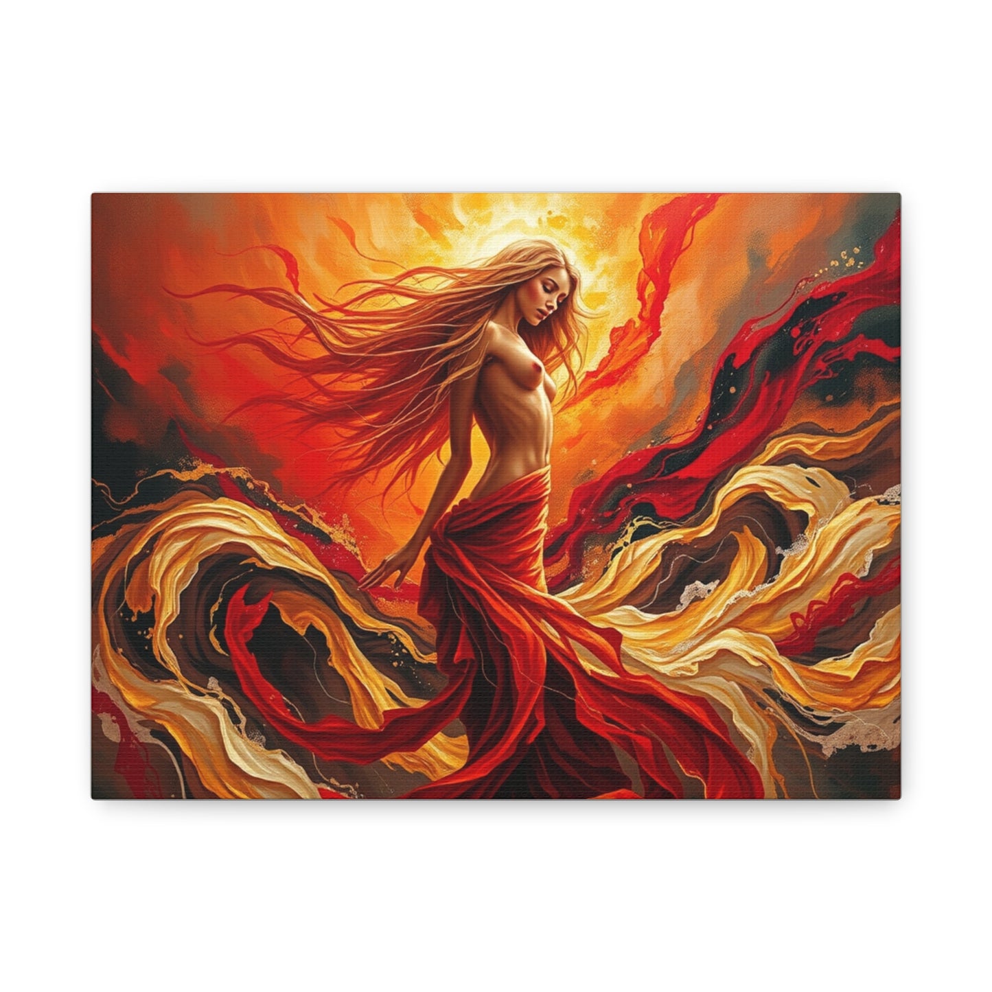 Stretched Canvas Art Print: Fiery Goddess in Flowing Red, Home Decor, wall art, art gift, bohemian decor, vibrant painting