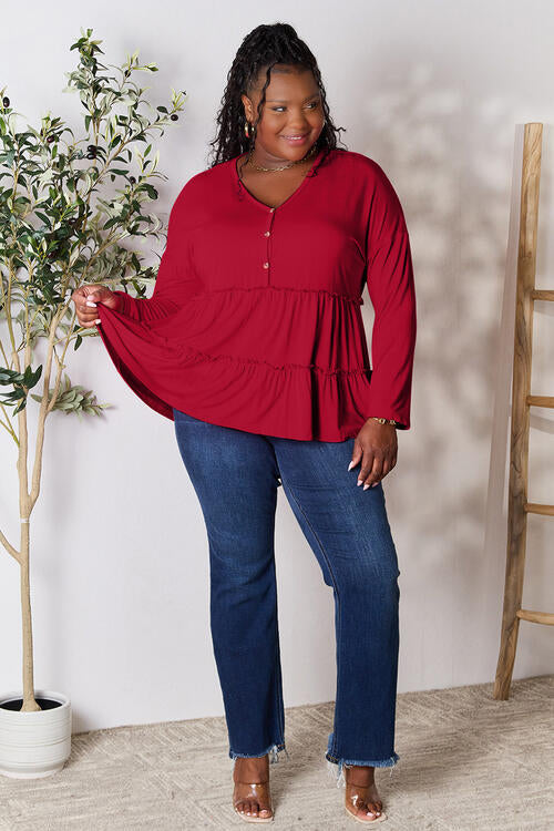 Double Take Half Button Long Sleeve Ruffle Hem Blouse - Munsieur
