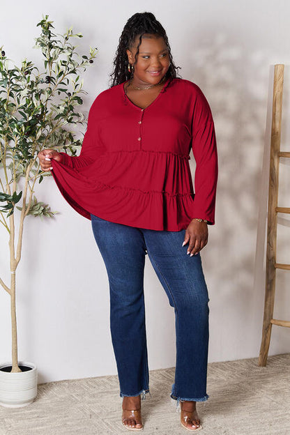 Double Take Half Button Long Sleeve Ruffle Hem Blouse - Munsieur