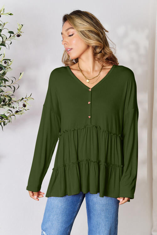 Double Take Half Button Long Sleeve Ruffle Hem Blouse - Munsieur