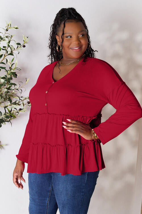 Double Take Half Button Long Sleeve Ruffle Hem Blouse - Munsieur