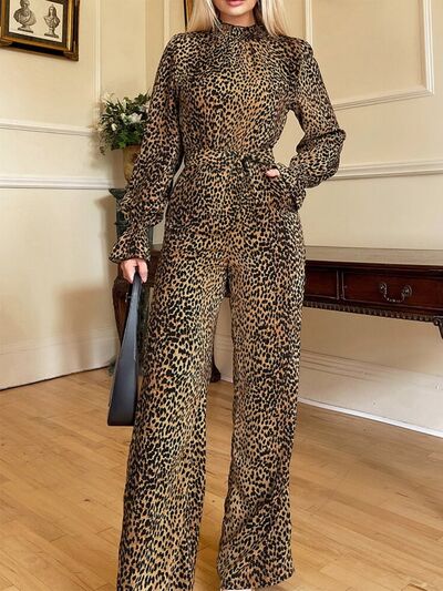 Leopard Flounce Sleeve Wide Leg Jumpsuit - Munsieur