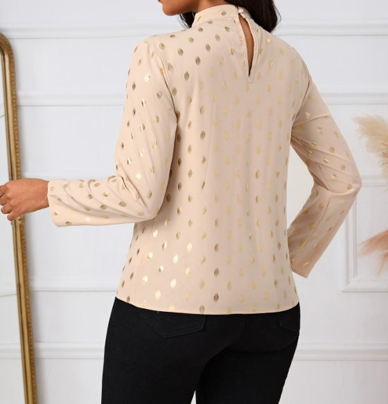 Women's Polka Dot Printed Pleated Collar Fashionable Date Commitment Shopping Long Sleeved Blouse