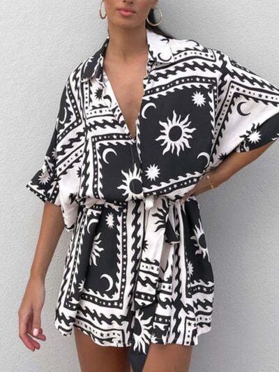 Printed Tie Waist Half Sleeve Romper - Munsieur