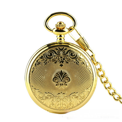 Gold Double-sided Carved Shield Manual Manipulator Pocket Watch