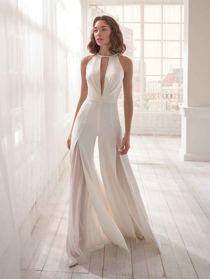 Women Clothing Sexy Deep V Plunge Halter Jumpsuit Casual