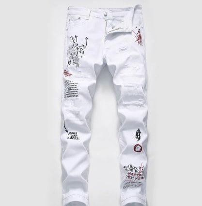 Men's Shredded Embroidery Pants Designer Royalty Style
