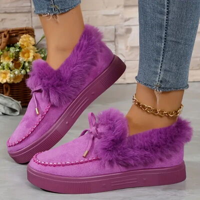 Bow Furry Round Toe Flat Slip-Ons - Munsieur
