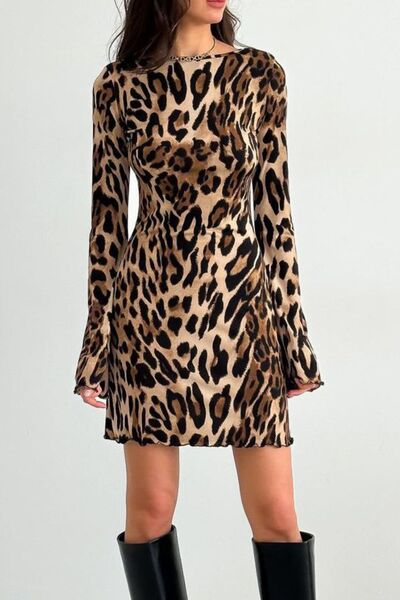 Backless Leopard Long Sleeve Mini Dress - Munsieur