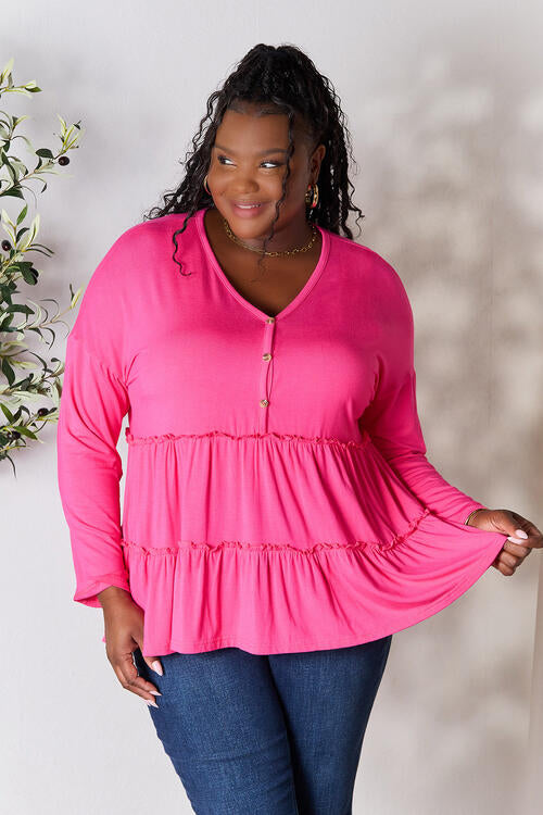 Double Take Half Button Long Sleeve Ruffle Hem Blouse - Munsieur