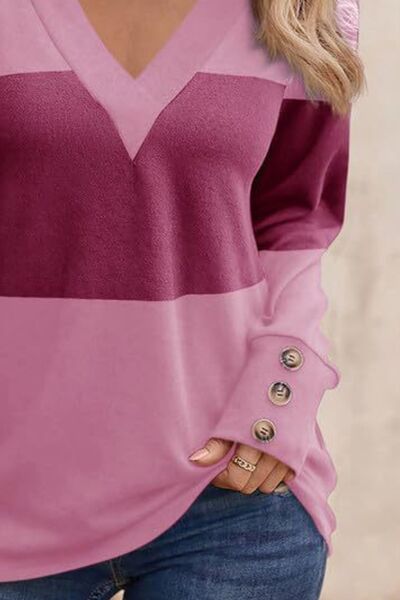 Decorative Button Contrast V-Neck Long Sleeve T-Shirt - Munsieur