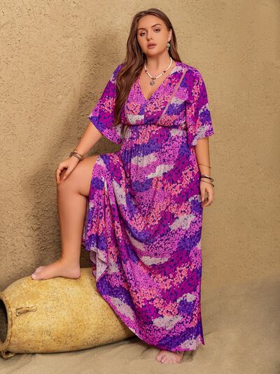 Plus Size Slit Printed Half Sleeve Maxi Dress - Munsieur
