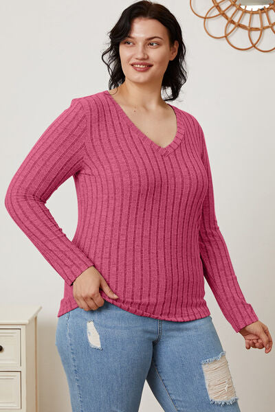 Full Size Ribbed V-Neck Long Sleeve T-Shirt - Munsieur