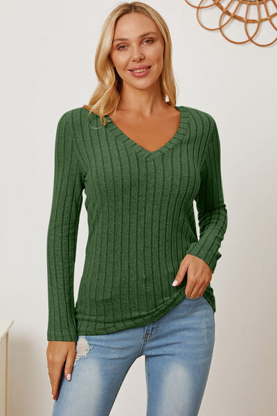 Full Size Ribbed V-Neck Long Sleeve T-Shirt - Munsieur