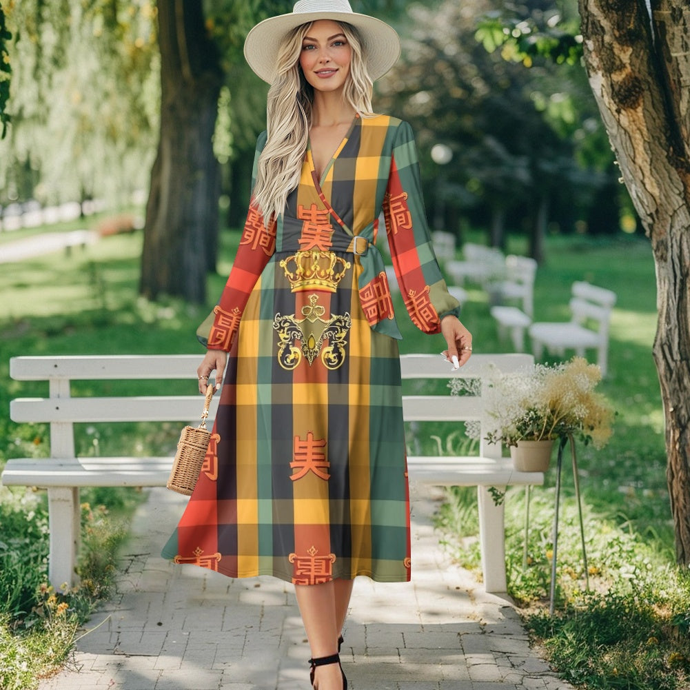 V-Neck Long Sleeve Tie Waist Midi Dress