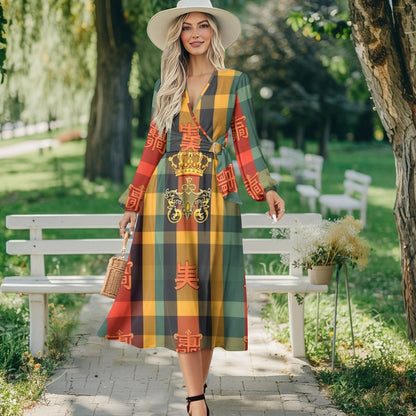 V-Neck Long Sleeve Tie Waist Midi Dress
