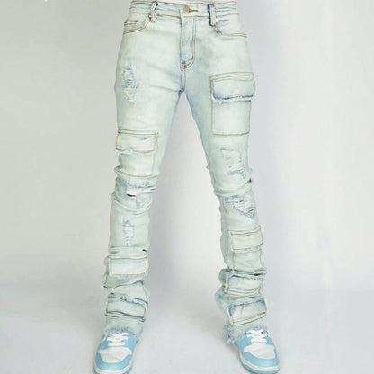 Men's Denim Straight-leg American Fashion Stretch Ripped Laminated Micro-pull Pants