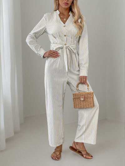 Striped Notched Long Sleeve Tie Waist Jumpsuit - Munsieur