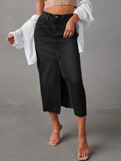Raw Hem Front Slit Denim Midi Skirt - Munsieur