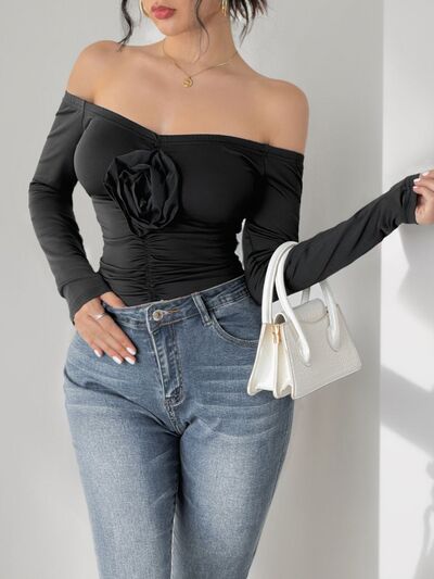 Ruched Flower Off-Shoulder Long Sleeve Bodysuit - Munsieur