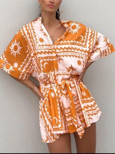 Printed Tie Waist Half Sleeve Romper - Munsieur