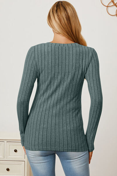 Full Size Ribbed V-Neck Long Sleeve T-Shirt - Munsieur