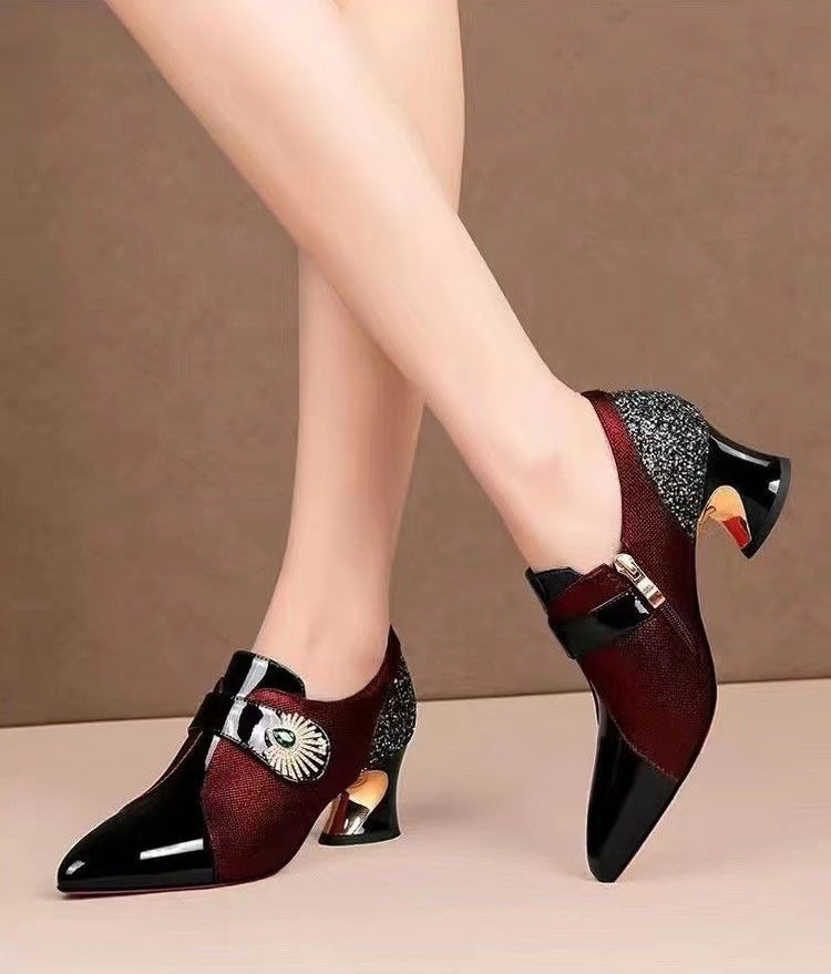 Women's Fashion Rhinestone Soft Leather Mid Heel Deep Mouth Pumps