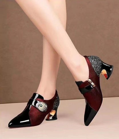 Women's Fashion Rhinestone Soft Leather Mid Heel Deep Mouth Pumps