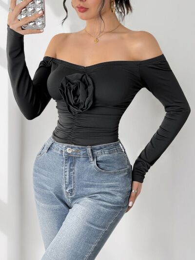 Ruched Flower Off-Shoulder Long Sleeve Bodysuit - Munsieur