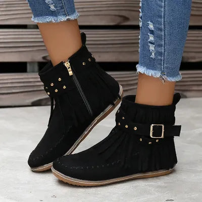 Fringe Studded Suede Flat Boots - Munsieur