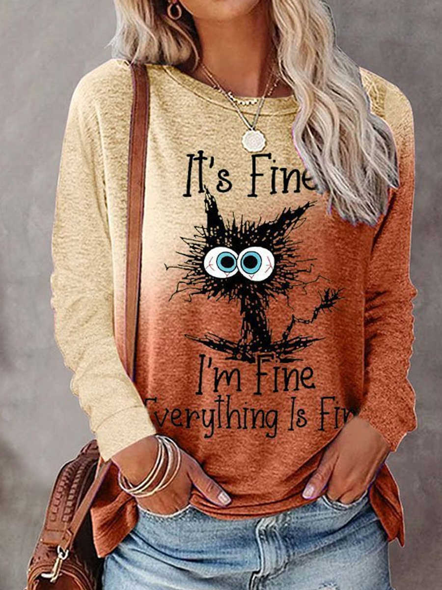 Halloween Gradient Print Long-sleeved T-shirt Round Neck Women