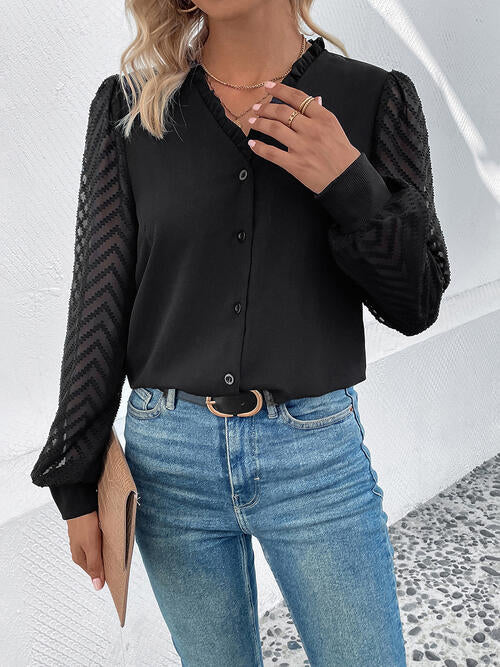 Perfee Mesh V-Neck Button Front Blouse - Munsieur