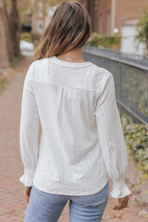 Openwork Notched Flounce Sleeve Blouse - Munsieur