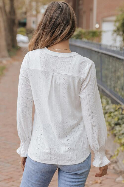 Openwork Notched Flounce Sleeve Blouse - Munsieur