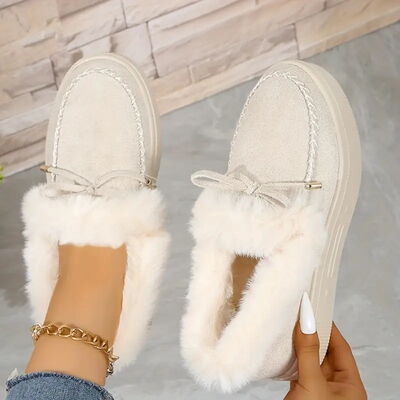 Bow Furry Round Toe Flat Slip-Ons - Munsieur