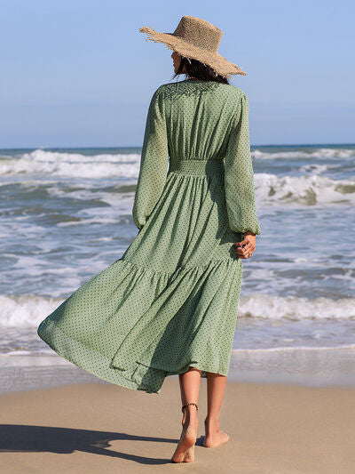 Embroidered Polka Dot Tie Neck Long Sleeve Midi Dress - Munsieur