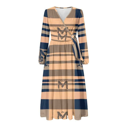 V-Neck Long Sleeve Tie Waist Midi Dress