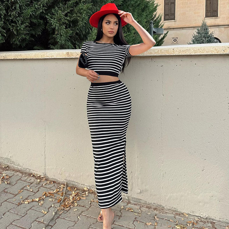 Women's Skirt Set Sunken Stripe Casual Striped Backless Top Slim-fit Skirt Set