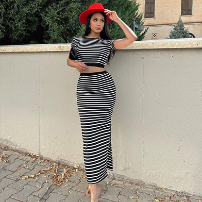Women's Skirt Set Sunken Stripe Casual Striped Backless Top Slim-fit Skirt Set