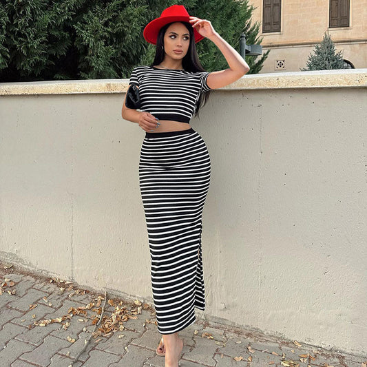 Women's Skirt Set Sunken Stripe Casual Striped Backless Top Slim-fit Skirt Set