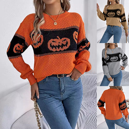 Halloween Pumpkin Print Sweater Knitted Style  For Women