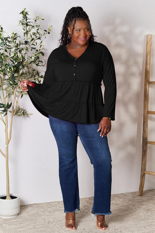 Double Take Half Button Long Sleeve Ruffle Hem Blouse - Munsieur