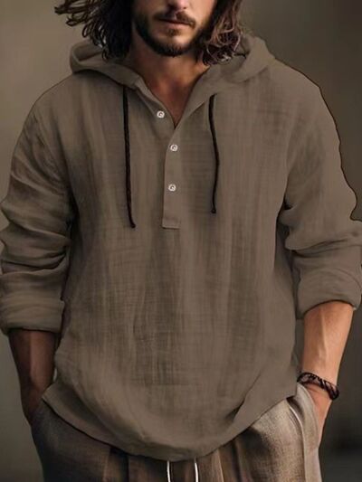 Men's Full Size Half Button Long Sleeve Hoodie - Munsieur