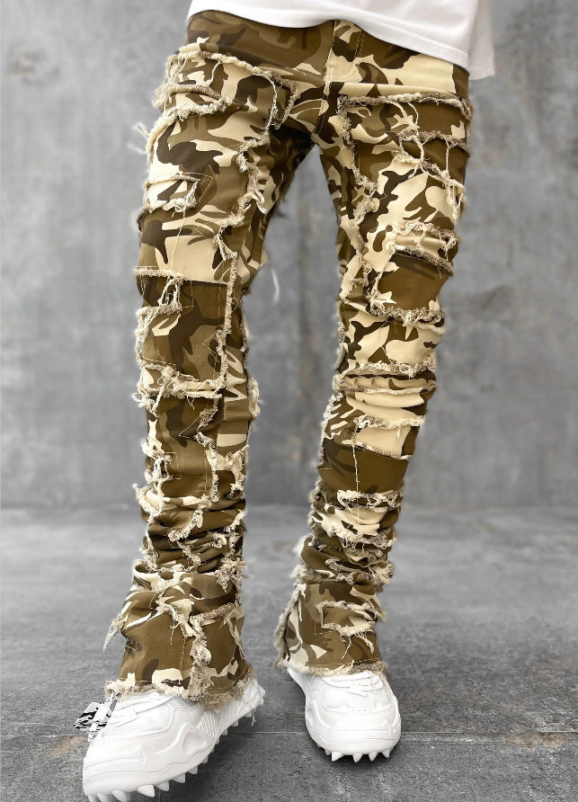 Men's Patched Pants Long Tight Fit Stacked Pants For Men