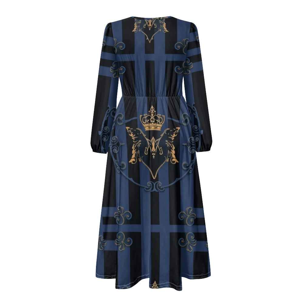 V-Neck Long Sleeve Tie Waist Midi Dress