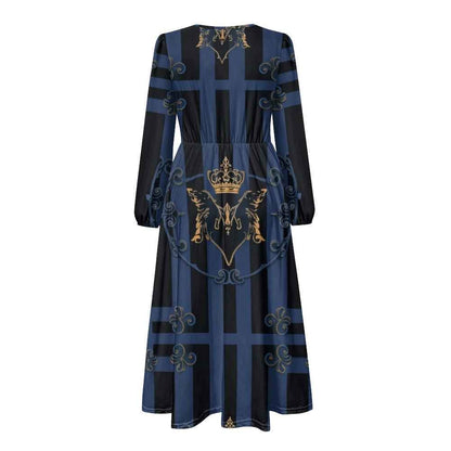 V-Neck Long Sleeve Tie Waist Midi Dress