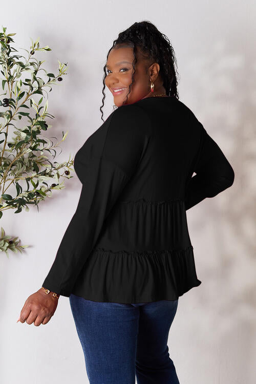 Double Take Half Button Long Sleeve Ruffle Hem Blouse - Munsieur